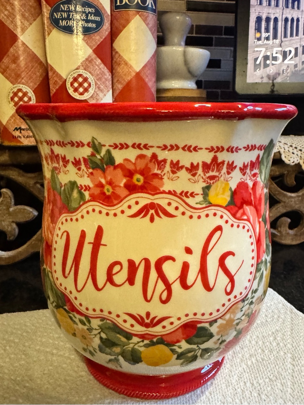The Pioneer Woman Red Floral Ceramic Utensil Crock
